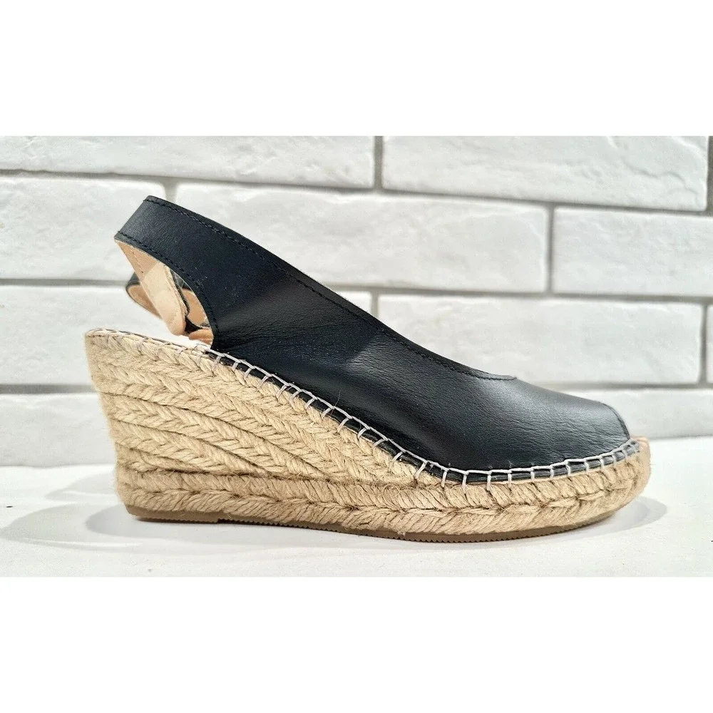 Carvela Comfort Black Leather Wedge Sandals Woman's Size 37 US 7‎